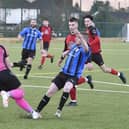 Action from Netherton United Reserves v Cardea (blue) in Division One of the Peterborough League. Photo: David Lowndes.
