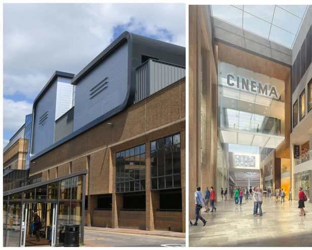 The cinema on the roof of Peterborough's Queensgate Shopping Centre, left, and an image showing how the cinema will appear from inside the centre.