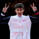 Jack Jarman celebrates his Vault gold medal at the European Championships in Munich. (Photo by Matthias Hangst/Getty Images)
