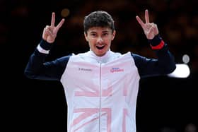 Jack Jarman celebrates his Vault gold medal at the European Championships in Munich. (Photo by Matthias Hangst/Getty Images)