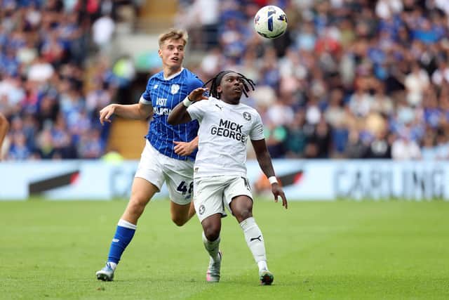 Abraham Odoh in action for Posh at Cardiff City. Photo Joe Dent/theposh.com.