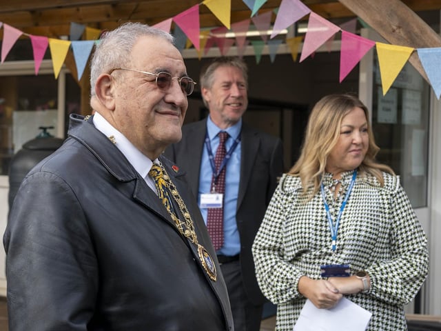 Mayor of Peterborough Cllr Marco Cereste, with Dr Ian Young, CEO of PKAT, and Mrs Emma Ward, Head Teacher of Thorpe Primary.