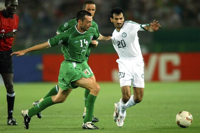 Gary Breen (left) in World Cup action for Ireland against Saudi Arabia in the 2002 World Cup. Photo: Getty Images.
