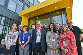 Mayor of Peterborough Alan Dowson, Mayoress Shabina Qayyum,  assistant principal Gary McPartland with the construction team and senior leadership team at the opening of the Diversity in Education event at the Peterborough College.