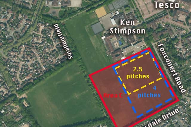 This image shows the area of Werrington Fields that campaigners say could be fenced off compared to the Area C proposed by Peterborough City Council