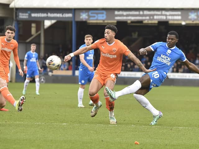 Ephron Mason-Clark in action for Posh against Blackpool on Saturday. Photo David Lowndes.