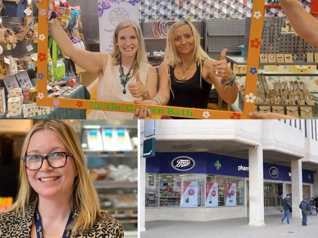 Top, from left, Up The Garden Bath volunteer Emma Moon and its co-founder Kez Hayes-Palmer in the Unity pop-up shop in the Queensgate Shopping Centre in Peterborough; below left, Dr Cheryl Greyson, senior business lecturer at ARU Peterborough; Boots the Chemist in the Queensgate Shopping Centre, Peterborough.