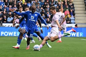 Posh striker Harry Leonard shoots at goal against Leicester City. Photo David Lowndes