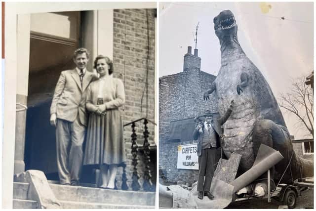 Ifor and his wife pictured in London (left) and Ifor pictured with a life-sized dinosaur to promote his ‘Monster Sale’ of carpets, which also sat in his yard for quite some time.