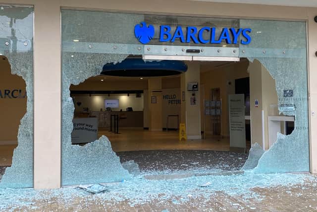 The vandalised Barclays Bank on Church Street.