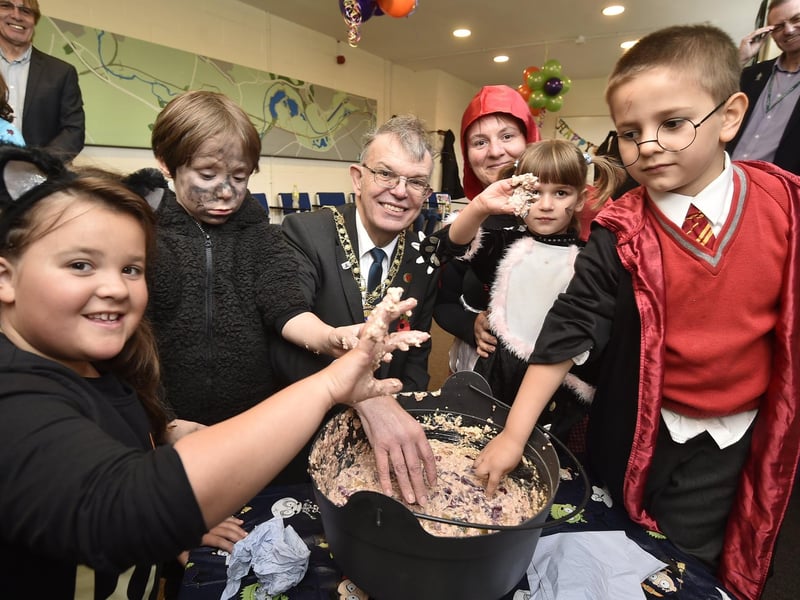 Taken in 2018. Halloween event at Railworld. Mayor of Peterborough Chris Ash with children attending the event.