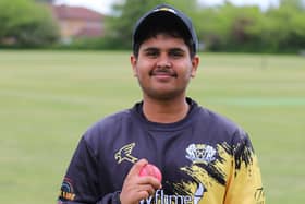 Raturaj Kale after his five-wicket haul against Rushden & Higham. Photo Andy Dann.