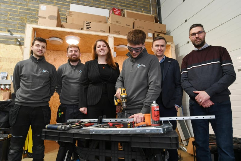 Shadow Employment Minister Alison McGovern MP at EML Electrical  Contractors in Dodson Way, Fengate, Peterborough, with staff Harry Alderman, Ben Roberts, Caiden Ainley and managing director Mark Brear, right, and with Labour's Peterborough parliamentary candidate Andrew Pakes, fifth from left.