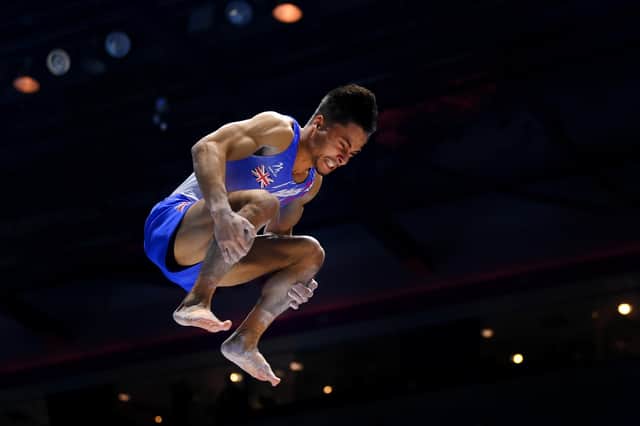 Jake Jarman in vault action. (Photo by Laurence Griffiths/Getty Images).