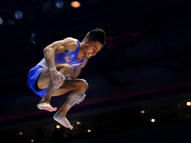 Jake Jarman in vault action. (Photo by Laurence Griffiths/Getty Images).