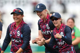 Lenny Sims, Amelia Kemp, and Beth Ascott celebrate a Northants win over Leicestershire in this seasons' Womens T20 Vitality Blast competition. Photo David Rogers Getty Images.