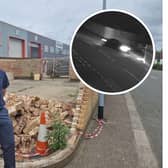 Warehouse manager Steve Butler, next to the wall which was destroyed by a car drifting on Tresham Road (inset)