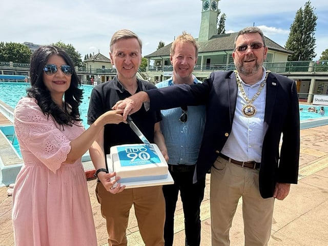 Cutting the birthday cake are (l-r) Council leader cllr Shabina Qayyum, MP for Peterborough Andrew Pakes, Mayor of Cambridgeshire and Peterborough Paul Bristow and Peterborough Mayor cllr Chris Harper
