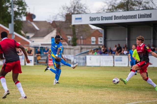 Lamine Kaba Sherif of Peterborough Sports shoots at the Stevenage goal. Photo: James Richardson.