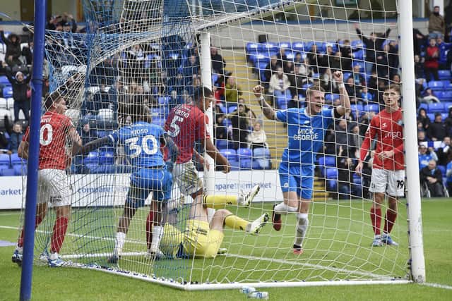 Josh Knight celebrates the first Posh goal against Wycombe. Photo: David Lowndes.