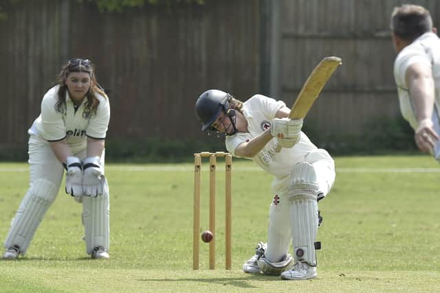 Tom Mills of Ketton Sports is about to be bowled by Jason Monaghan of Orton Park. Photo David Lowndes.