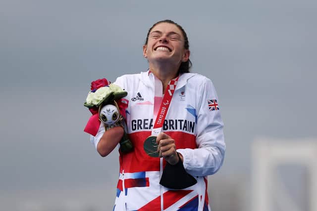Former Great Gidding pupil Lauren Steadman MBE with the Triathlon Paralympic gold medal in Tokyo.(Photo by Alex Pantling/Getty Images)
