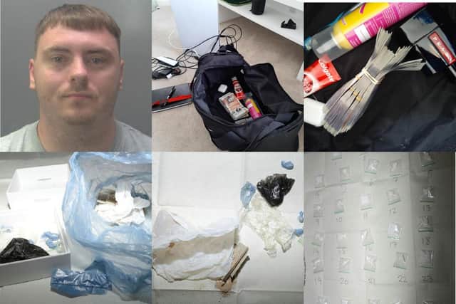 Ashley Venmore (left) with the drugs and cash seized from his home. Photos: Cambridgeshire Police.