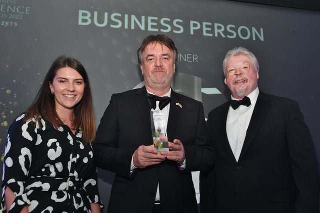 Business Person of the Year award winner Andrew Killingsworth, founder of Yours Clothing, with Carly Roberts, digital editor of the Peterborough Telegraph, and guest speaker Simon Weston.