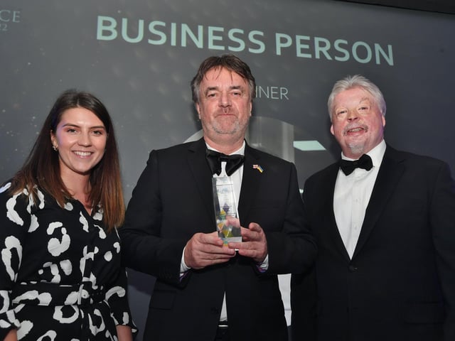 Business Person of the Year award winner Andrew Killingsworth, founder of Yours Clothing, with Carly Roberts, digital editor of the Peterborough Telegraph, and guest speaker Simon Weston.