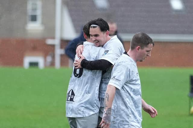 Stanton FC celebrate a goal against FC Peterborough Development in Division Three of the Peterborough League. Photo Neil Dorrington.