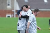 Stanton FC celebrate a goal against FC Peterborough Development in Division Three of the Peterborough League. Photo Neil Dorrington.