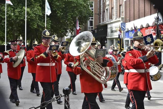 The Third Battalion Royal Anglian Regiment band leading the Armed Forces Day parade in the city centre in 2022.