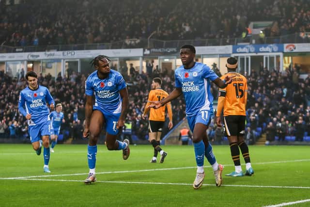 Kwame Poku celebrates a goal against Cambridge United last weekend. Photo Joe Dent/theposh.com