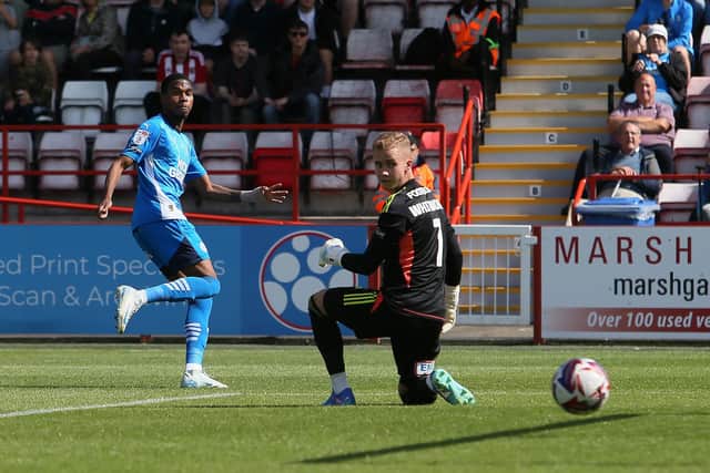 Malik Mothersille scores for Posh at Exeter. Photo Joe Dent/theposh.com