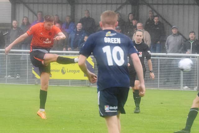Hugh Alban-Jones (left) scores for Peterborough Sports against Scarborough. Photo: David Lowndes.