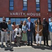 Paul Bristow MP with councillors Jackie Allen and Shabina Qayyum with residents of Varity House.