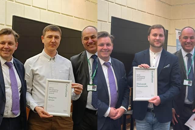 Dmytro Ursov (left) and Oleksandr Panasevych (right) with Mayor Dr Nik Johnson and WEA CEO Simon Parkinson.