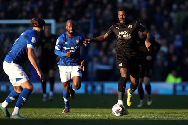 Ephron Mason-Clark in action for Posh against Ipswich Town earlier this season. Photo: Joe Dent/theposh.com.