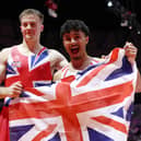 Jake Jarman (right) and Luke Whitehouse celebrate a World Championship 1-2 in Indonesia. (Photo by Yong Teck Lim/Getty Images).