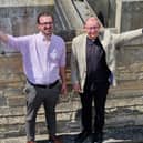 Peterborough Cathedral chief operating officer Jack Pishhorn, left, and the Very Reverend Dean of Peterborough, Chris Dalliston on the roof of the cathedral