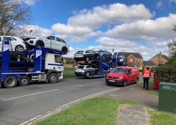 Transporters entering Dunblane Drive, in Peterborough, on their way to the East of England Showground.