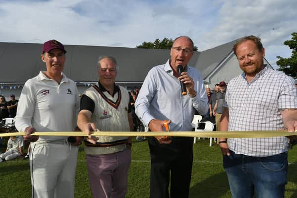 Nassington CC's new clubhouse opening with, from left, first-team captain Dan Anslow, groundsman Billy Taylor, Jonathan Agnew and club chairman Matt Blakely. Photo: David Lowndes.