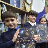 Pupils at Orton Wistow primary school with  Trust CEO Stuart Mansell and Head Teacher Colin Marks at presentation of new books for the library  to celebrate the Trust's 5th anniversary.
