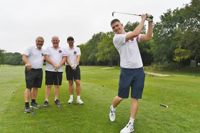 Maggie's Charity Golf event at Thorpe Wood golf course. Teeing off Luke Gasson, Mike Inman, Josh Avory and Ian Mooney. 