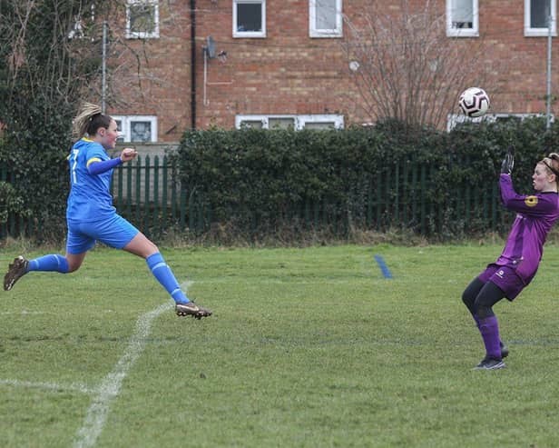 Codie Steward scored twice for Girls United in the Cambs Girls Under 18 League Cup Final. Photo Tim Symonds.