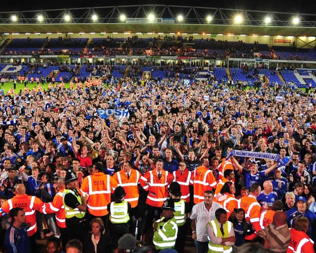 Next week Posh want to replicate these scenes from the 2011 play-off semi-final win over MK Dons. Photo David Lowndes.