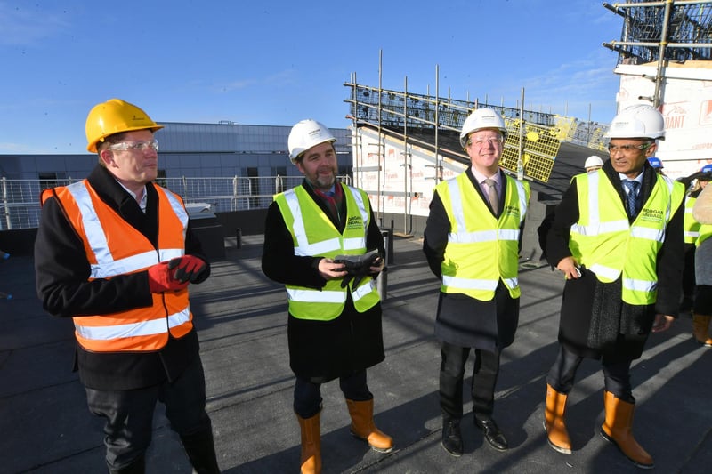 Topping out ceremony at the ARU phase 3 building at Bishop's Road. Ross Renton with Dr Nik Johnson , Peterborough MP Paul Bristow and PCC leader Mohammed Farooq