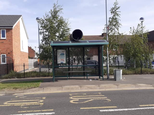 The bin left on top of the bus stop at Coneygree road. Photo: PT reader.