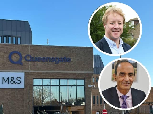 A row has broken out between Peterborough MP Paul Bristow, inset above, and Peterborough City Council leader, Cllr Mohammed Farooq, inset below, about the city's response to M&S plans to close its store in the Queensgate Shopping Centre.