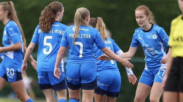 Posh Women celebrate an FA Cup goal against Burton. Photo Darren Wiles